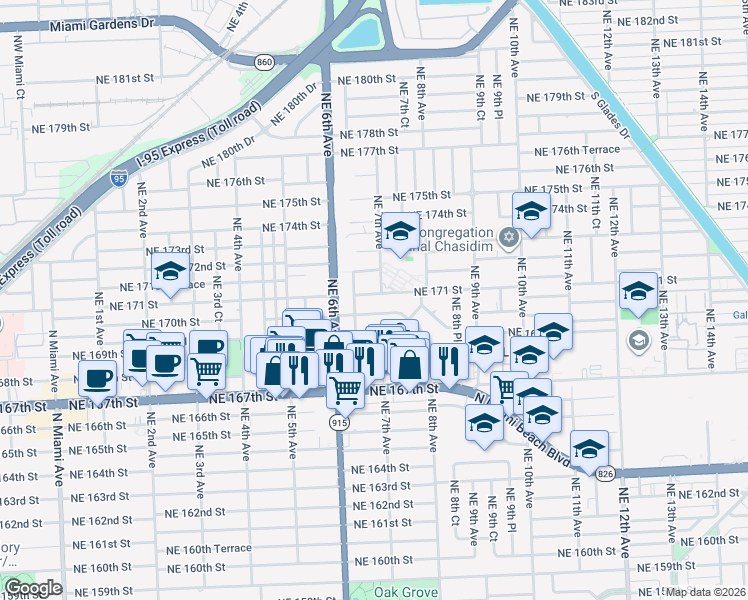 map of restaurants, bars, coffee shops, grocery stores, and more near 620 Northeast 171 Street in North Miami Beach