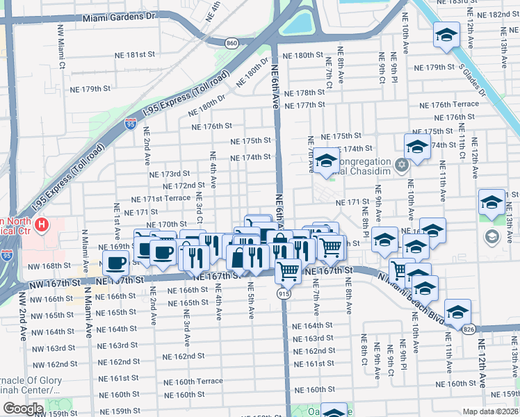 map of restaurants, bars, coffee shops, grocery stores, and more near 17090 Northeast 5th Court in North Miami Beach