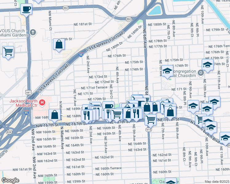 map of restaurants, bars, coffee shops, grocery stores, and more near 374 Northeast 171 Street in North Miami Beach
