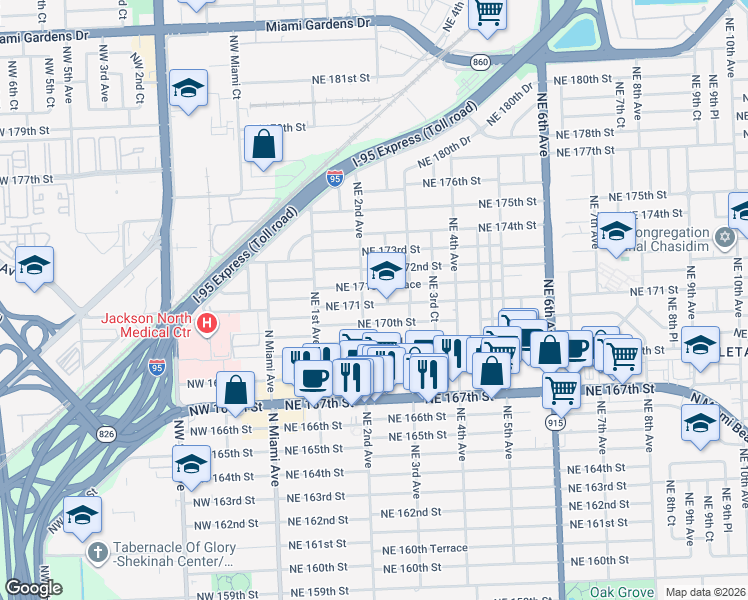 map of restaurants, bars, coffee shops, grocery stores, and more near 221 Northeast 171 Street in North Miami Beach