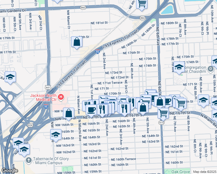 map of restaurants, bars, coffee shops, grocery stores, and more near 221 Northeast 171 Street in North Miami Beach