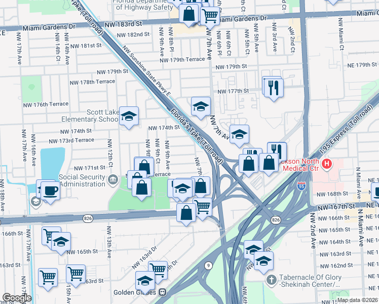 map of restaurants, bars, coffee shops, grocery stores, and more near 831 Northwest 171st Terrace in Miami