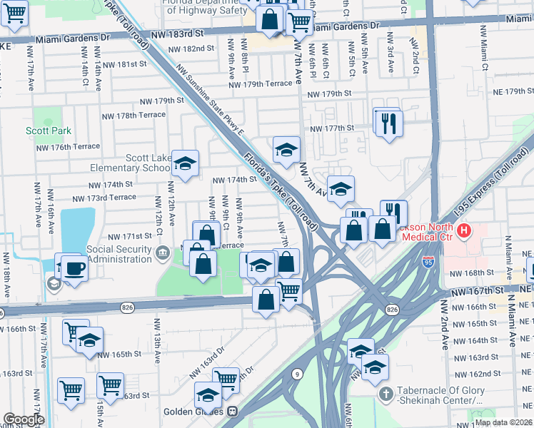map of restaurants, bars, coffee shops, grocery stores, and more near 831 Northwest 171st Terrace in Miami