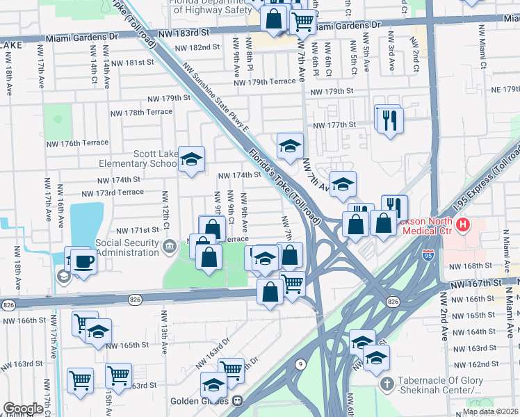 map of restaurants, bars, coffee shops, grocery stores, and more near 831 Northwest 171st Terrace in Miami