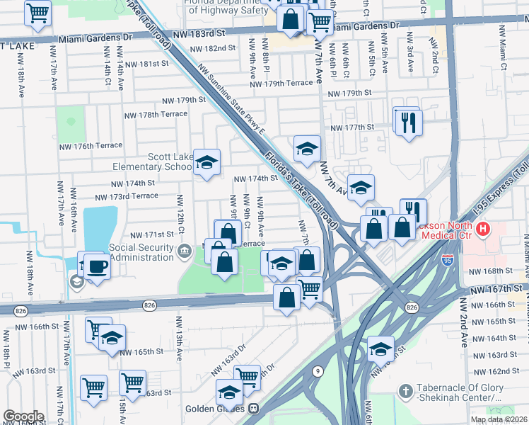 map of restaurants, bars, coffee shops, grocery stores, and more near 17204 Northwest 9th Avenue in Miami