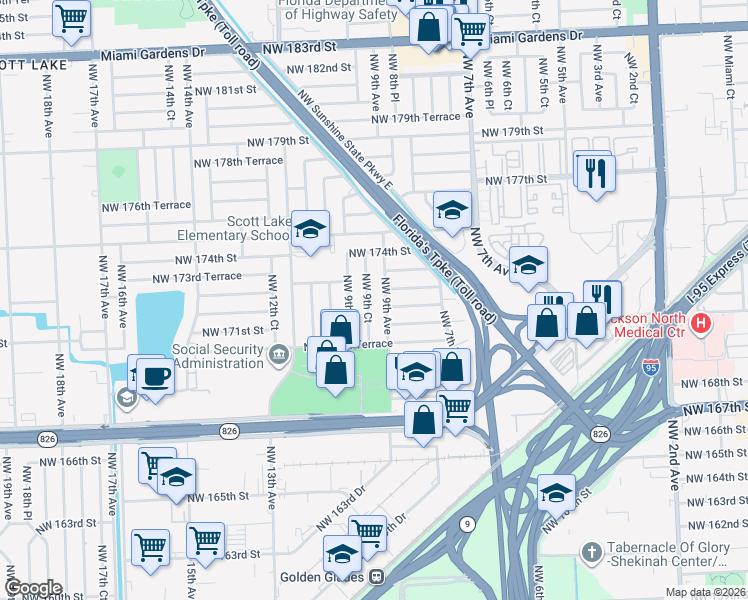 map of restaurants, bars, coffee shops, grocery stores, and more near 17204 Northwest 9th Avenue in Miami