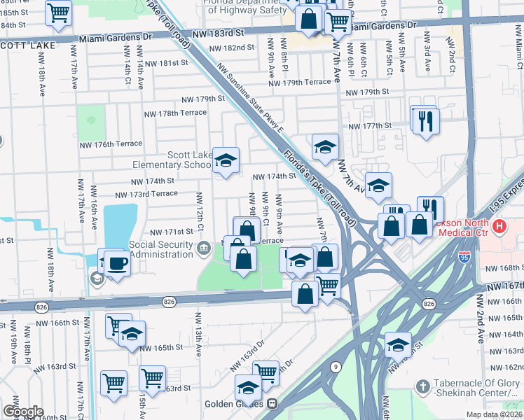 map of restaurants, bars, coffee shops, grocery stores, and more near 17204 Northwest 9th Avenue in Miami