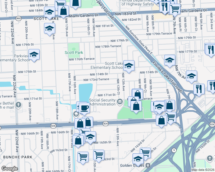 map of restaurants, bars, coffee shops, grocery stores, and more near 1312 Northwest 172nd Terrace in Miami