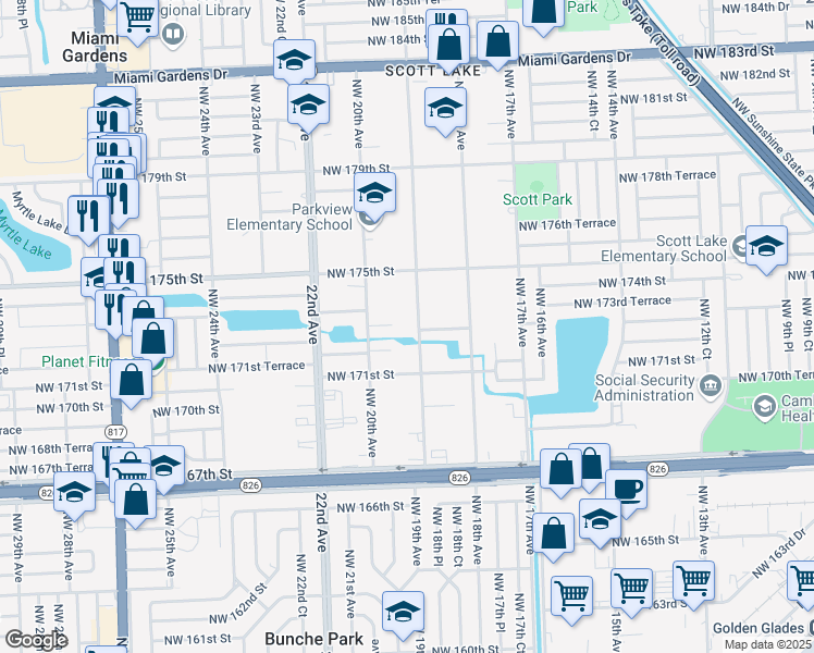 map of restaurants, bars, coffee shops, grocery stores, and more near 17240 Northwest 19th Avenue in Miami Gardens