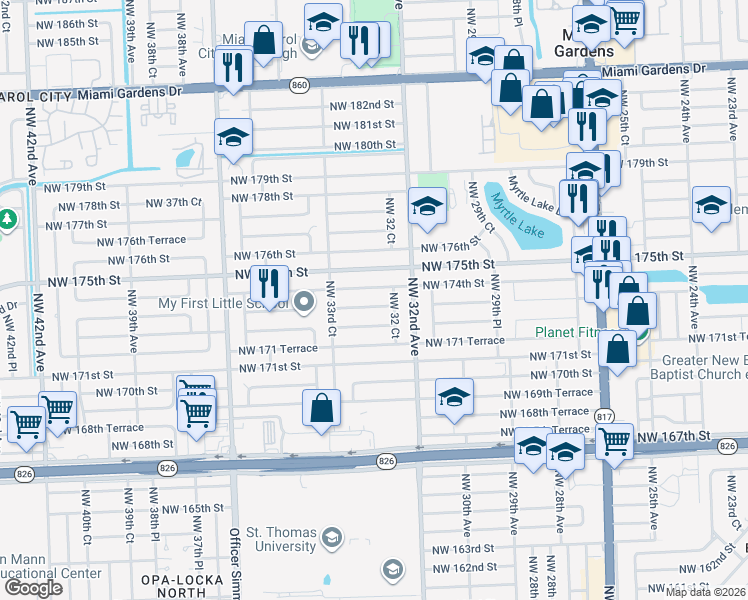 map of restaurants, bars, coffee shops, grocery stores, and more near 3251 Northwest 173rd Terrace in Miami Gardens