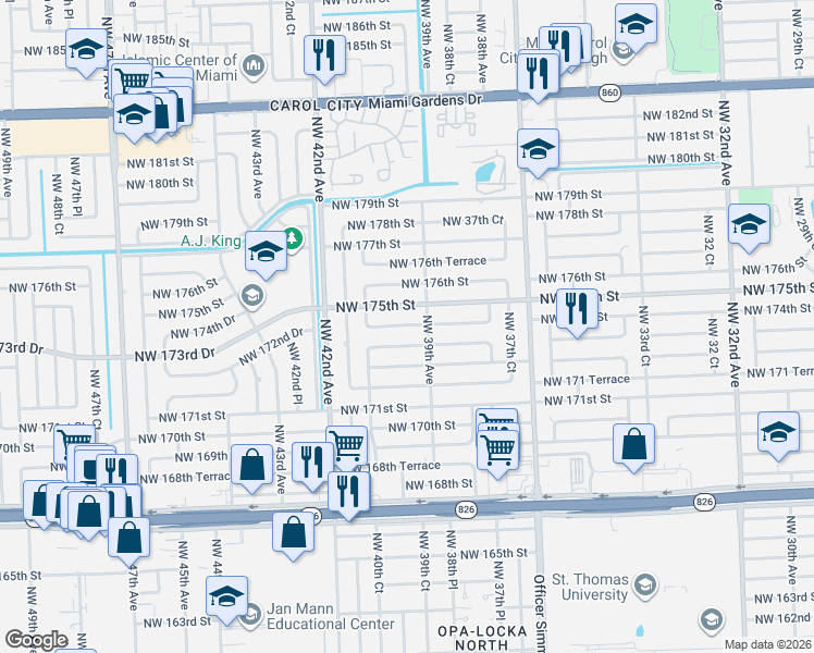 map of restaurants, bars, coffee shops, grocery stores, and more near 3960 Northwest 174th Street in Miami Gardens