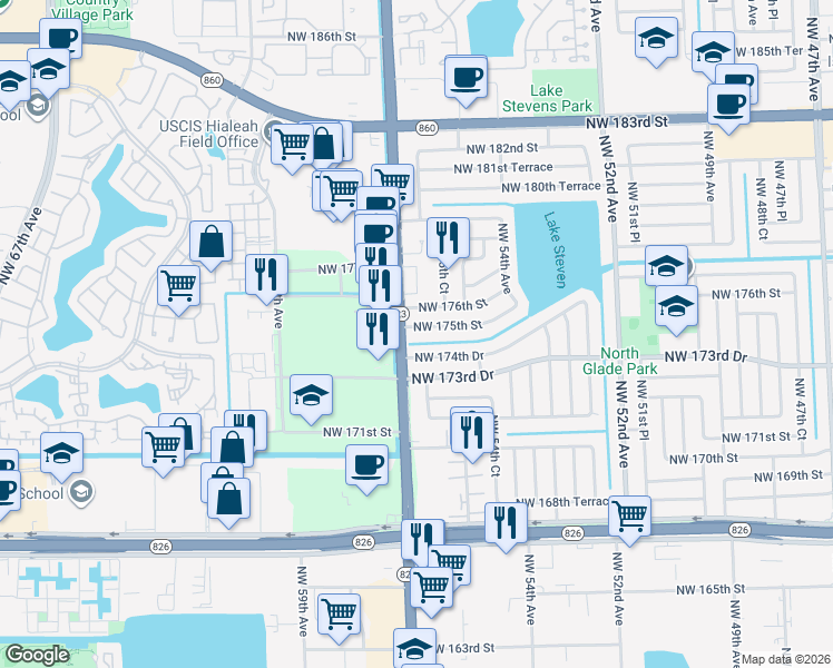 map of restaurants, bars, coffee shops, grocery stores, and more near 5620 Northwest 175th Street in Miami Gardens