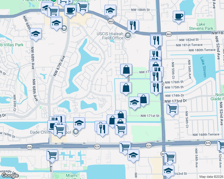 map of restaurants, bars, coffee shops, grocery stores, and more near 17325 Northwest 61st Place in Hialeah
