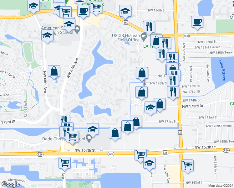 map of restaurants, bars, coffee shops, grocery stores, and more near 17330 Northwest 62nd Court in Hialeah
