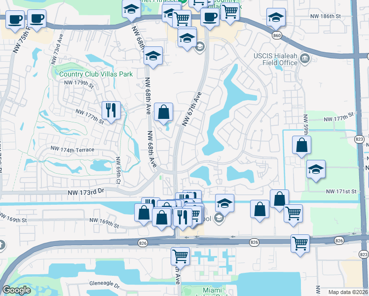map of restaurants, bars, coffee shops, grocery stores, and more near 17358 Northwest 66th Court in Hialeah