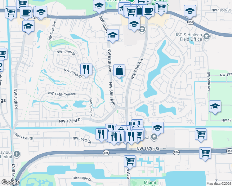 map of restaurants, bars, coffee shops, grocery stores, and more near 17505 Northwest 67th Place in Hialeah