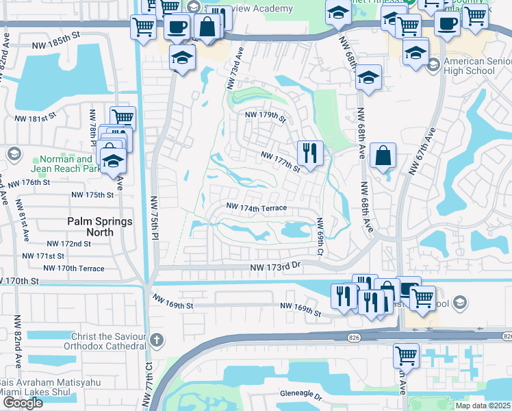 map of restaurants, bars, coffee shops, grocery stores, and more near 7280 Northwest 174th Terrace in Hialeah