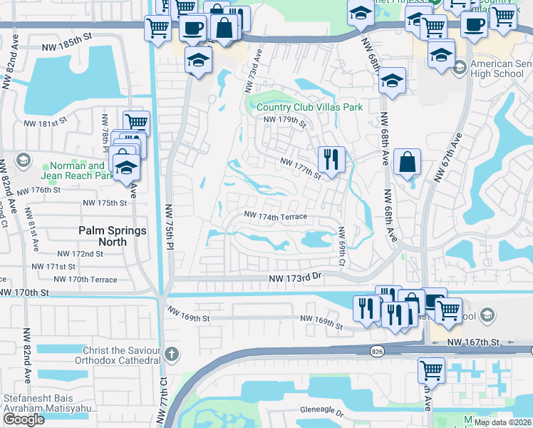 map of restaurants, bars, coffee shops, grocery stores, and more near 7280 Northwest 174th Terrace in Hialeah