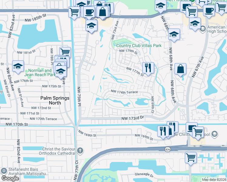 map of restaurants, bars, coffee shops, grocery stores, and more near 7340 Northwest 174th Terrace in Hialeah