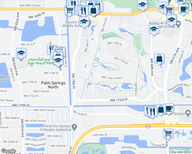 map of restaurants, bars, coffee shops, grocery stores, and more near 7340 Northwest 174th Terrace in Hialeah