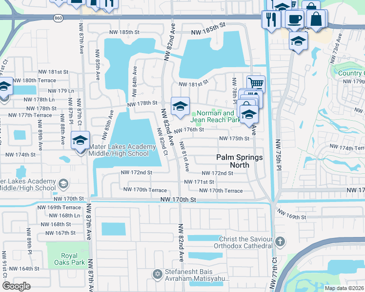 map of restaurants, bars, coffee shops, grocery stores, and more near 17431 Northwest 82nd Avenue in Hialeah