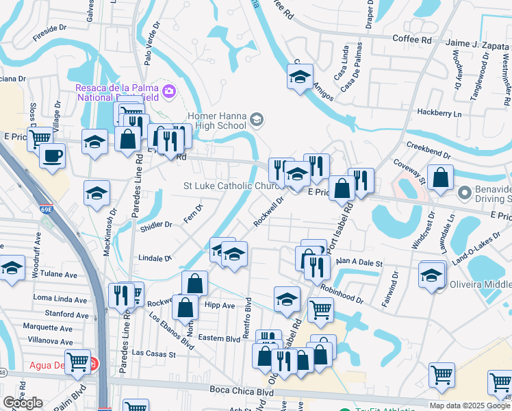 map of restaurants, bars, coffee shops, grocery stores, and more near 2845 Harwell Drive in Brownsville