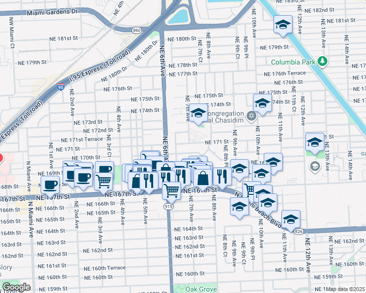 map of restaurants, bars, coffee shops, grocery stores, and more near 620 Northeast 171 Street in North Miami Beach
