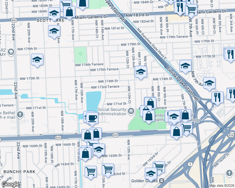 map of restaurants, bars, coffee shops, grocery stores, and more near 1312 Northwest 172nd Terrace in Miami