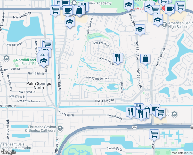 map of restaurants, bars, coffee shops, grocery stores, and more near 7280 Northwest 174th Terrace in Hialeah