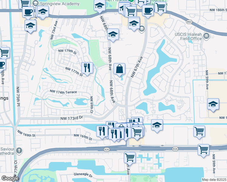 map of restaurants, bars, coffee shops, grocery stores, and more near 17505 Northwest 67th Place in Hialeah