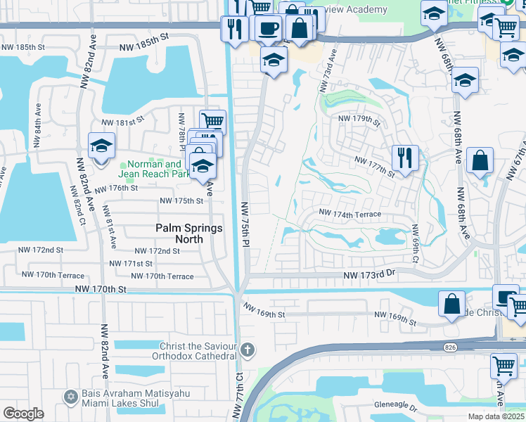 map of restaurants, bars, coffee shops, grocery stores, and more near 7519 Northwest 174th Terrace in Hialeah