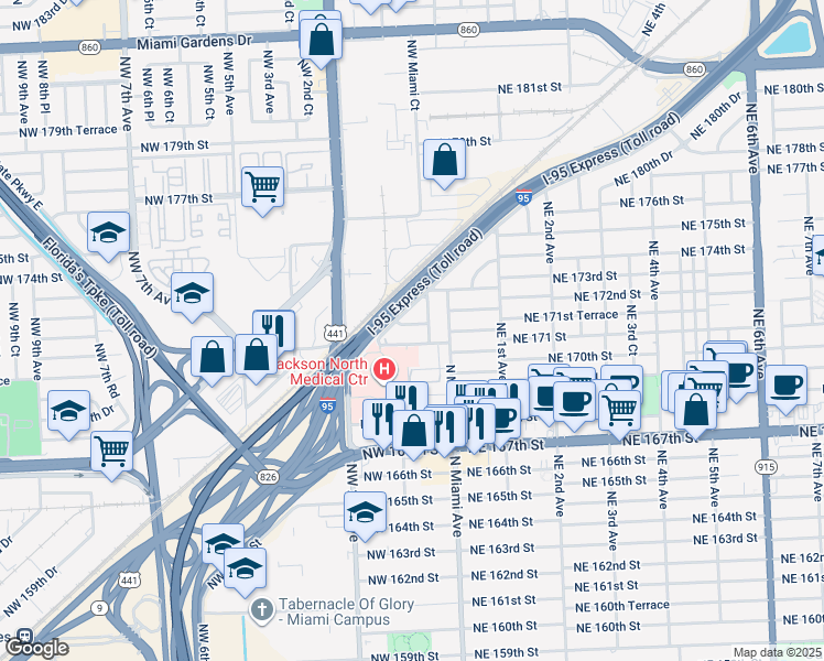 map of restaurants, bars, coffee shops, grocery stores, and more near 70 Northwest 171 Terrace in Miami