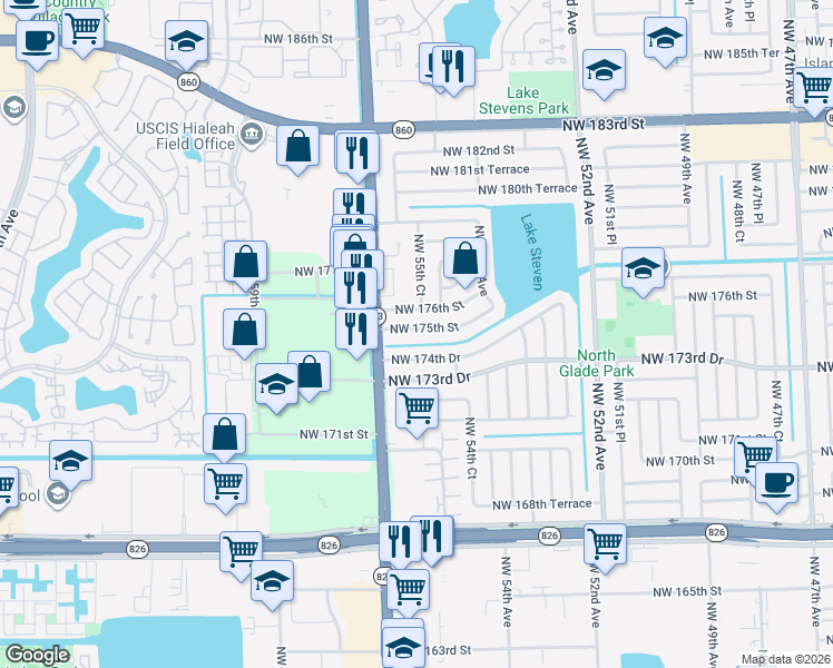 map of restaurants, bars, coffee shops, grocery stores, and more near 5540 Northwest 175th Street in Miami Gardens