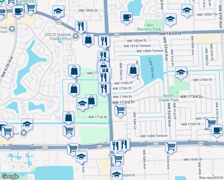 map of restaurants, bars, coffee shops, grocery stores, and more near 5620 Northwest 175th Street in Miami Gardens