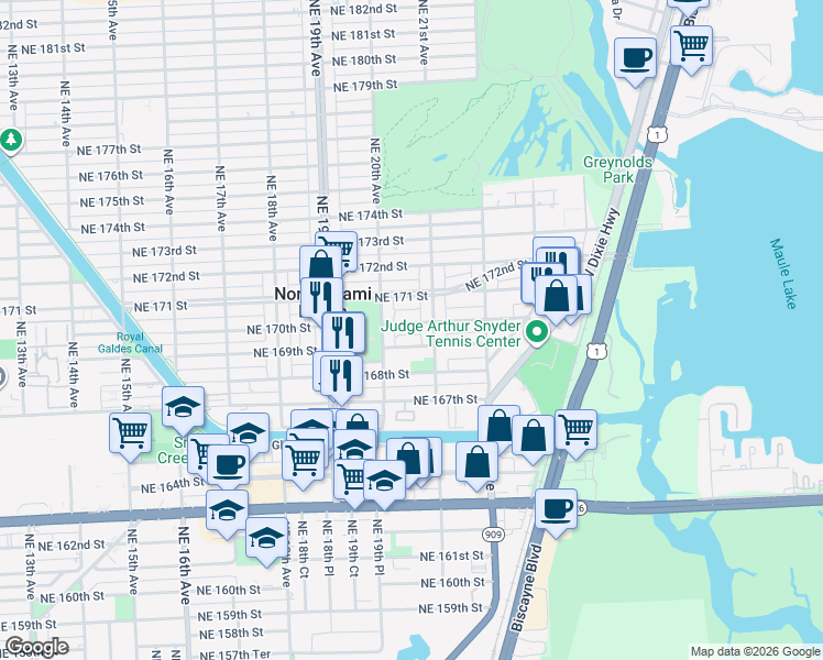 map of restaurants, bars, coffee shops, grocery stores, and more near 16930 Northeast 21st Avenue in North Miami Beach