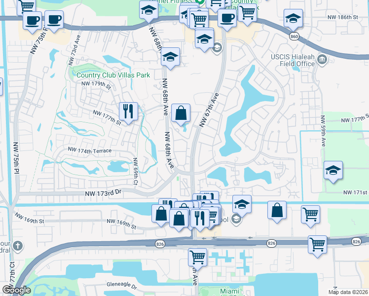map of restaurants, bars, coffee shops, grocery stores, and more near 17500 Northwest 67th Court in Hialeah
