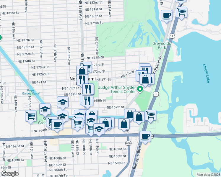 map of restaurants, bars, coffee shops, grocery stores, and more near 16930 Northeast 21st Avenue in North Miami Beach