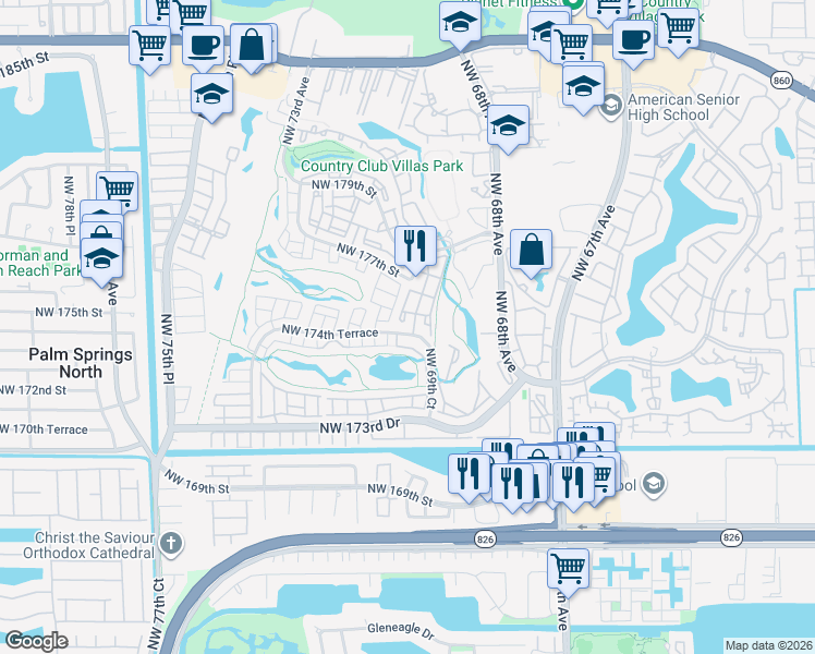map of restaurants, bars, coffee shops, grocery stores, and more near 7040 Northwest 174th Terrace in Hialeah