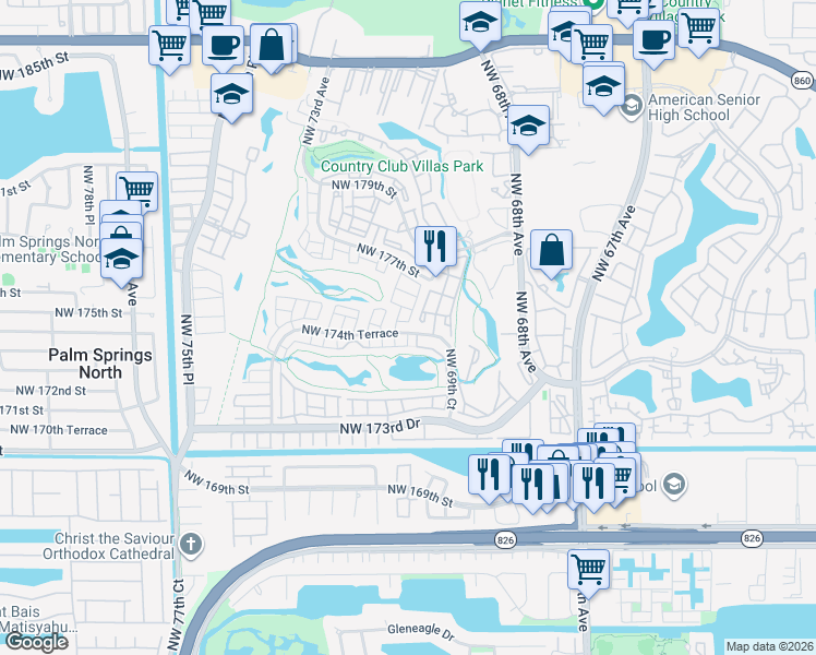 map of restaurants, bars, coffee shops, grocery stores, and more near 7040 Northwest 174th Terrace in Hialeah