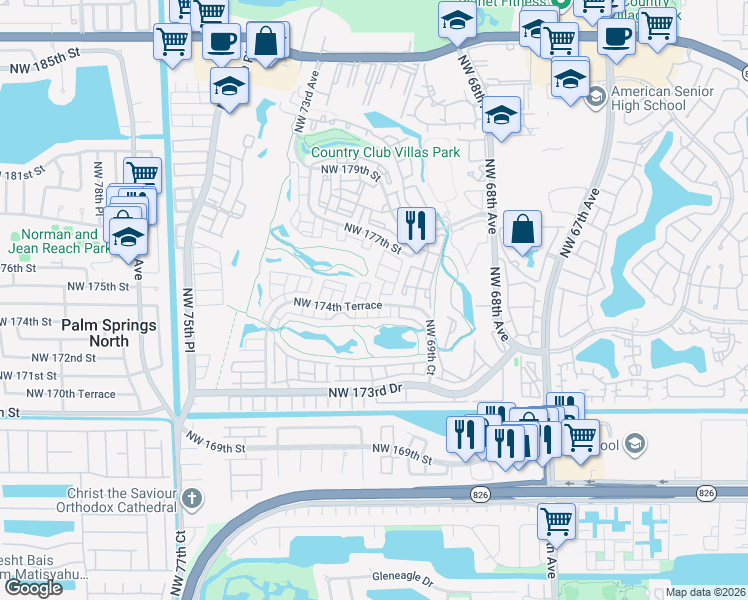 map of restaurants, bars, coffee shops, grocery stores, and more near 7101 Northwest 174th Terrace in Hialeah