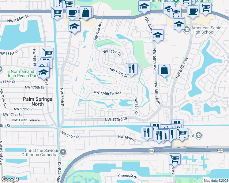 map of restaurants, bars, coffee shops, grocery stores, and more near 7101 Northwest 174th Terrace in Hialeah
