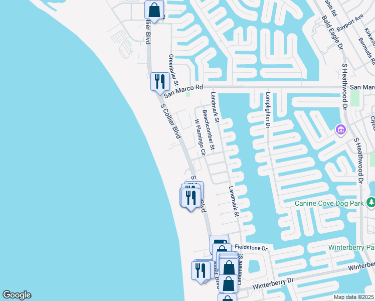 map of restaurants, bars, coffee shops, grocery stores, and more near 261 South Collier Boulevard in Marco Island