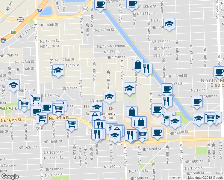 map of restaurants, bars, coffee shops, grocery stores, and more near 1111 Northeast 170th Street in Miami