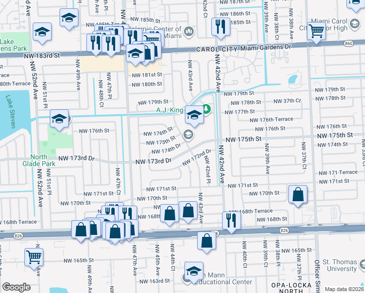 map of restaurants, bars, coffee shops, grocery stores, and more near 4371 Northwest 173rd Drive in Miami Gardens