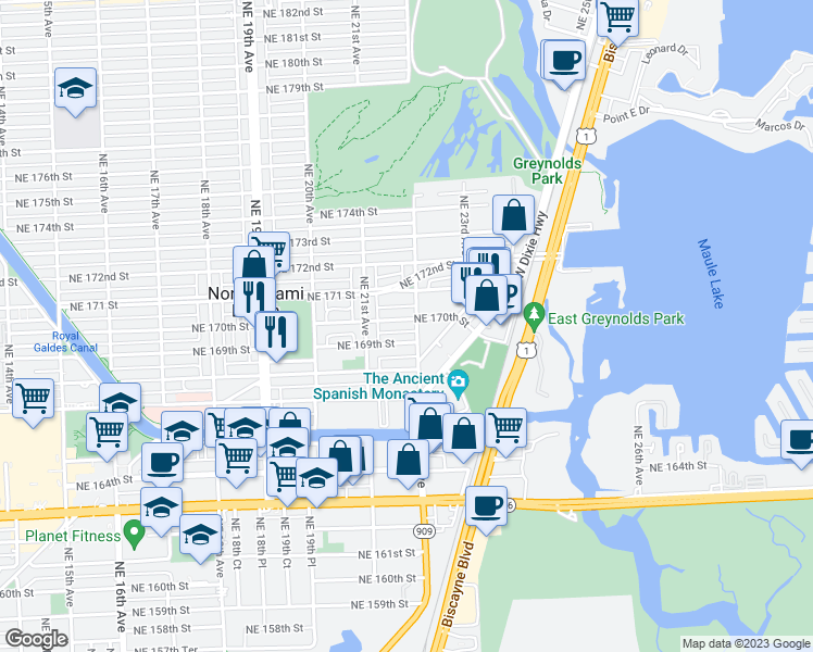 map of restaurants, bars, coffee shops, grocery stores, and more near 2175 Northeast 169th Street in North Miami Beach