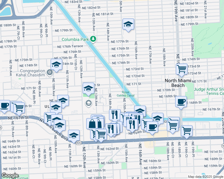 map of restaurants, bars, coffee shops, grocery stores, and more near 1450 Northeast 170th Street in North Miami Beach
