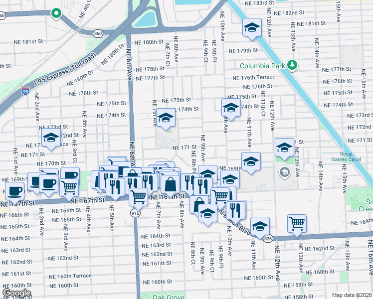 map of restaurants, bars, coffee shops, grocery stores, and more near 17001 Northeast 8th Court in North Miami Beach