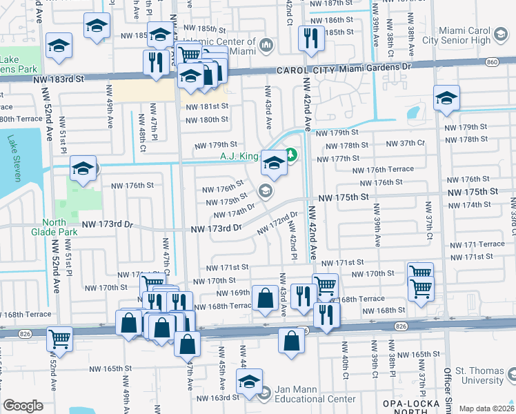 map of restaurants, bars, coffee shops, grocery stores, and more near 4371 Northwest 173rd Drive in Miami Gardens