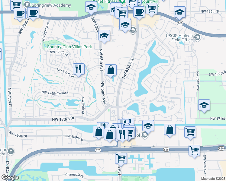 map of restaurants, bars, coffee shops, grocery stores, and more near 17500 Northwest 67th Court in Hialeah