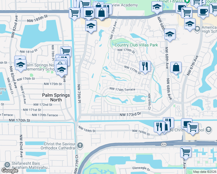 map of restaurants, bars, coffee shops, grocery stores, and more near 7340 Northwest 174th Terrace in Hialeah